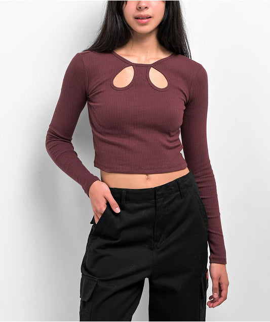 Top corto de manga larga Fivestar Cutout Deep Plum